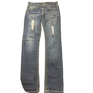 VIP Skinny Blue Jeans Distressed Embroidered Back Pockets Size 5/6